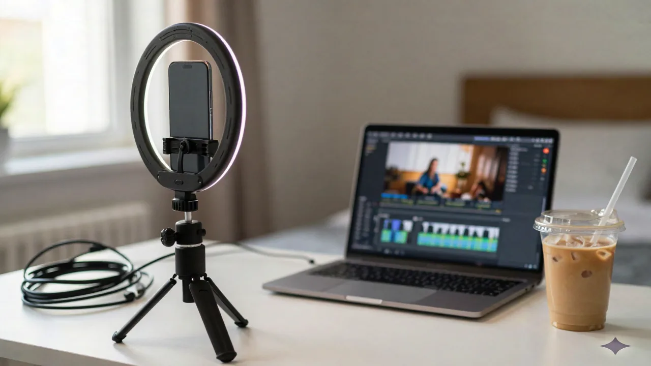 Content creator bedroom desk setup with ring light, phone tripod and laptop for filming short videos
