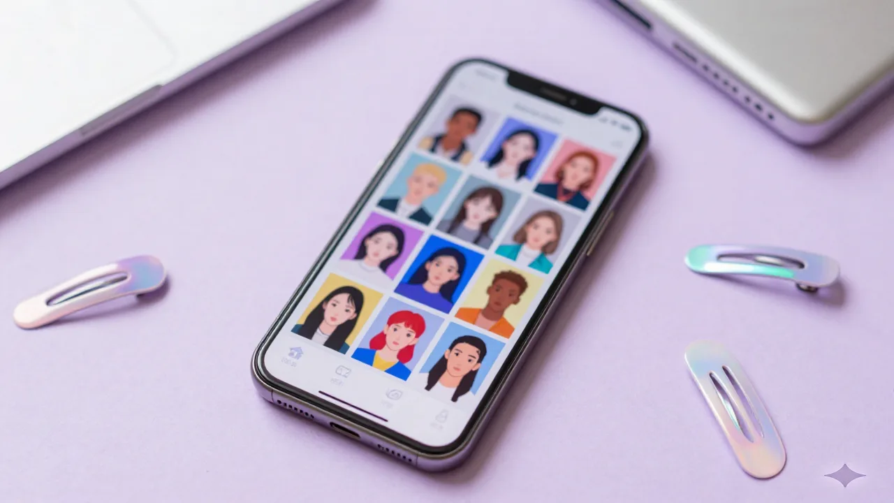 Smartphone-Flatlay mit einem unscharfen Raster aus bunten KI-Porträt-Thumbnails, holografisches Y2K-Schreibtisch-Setup