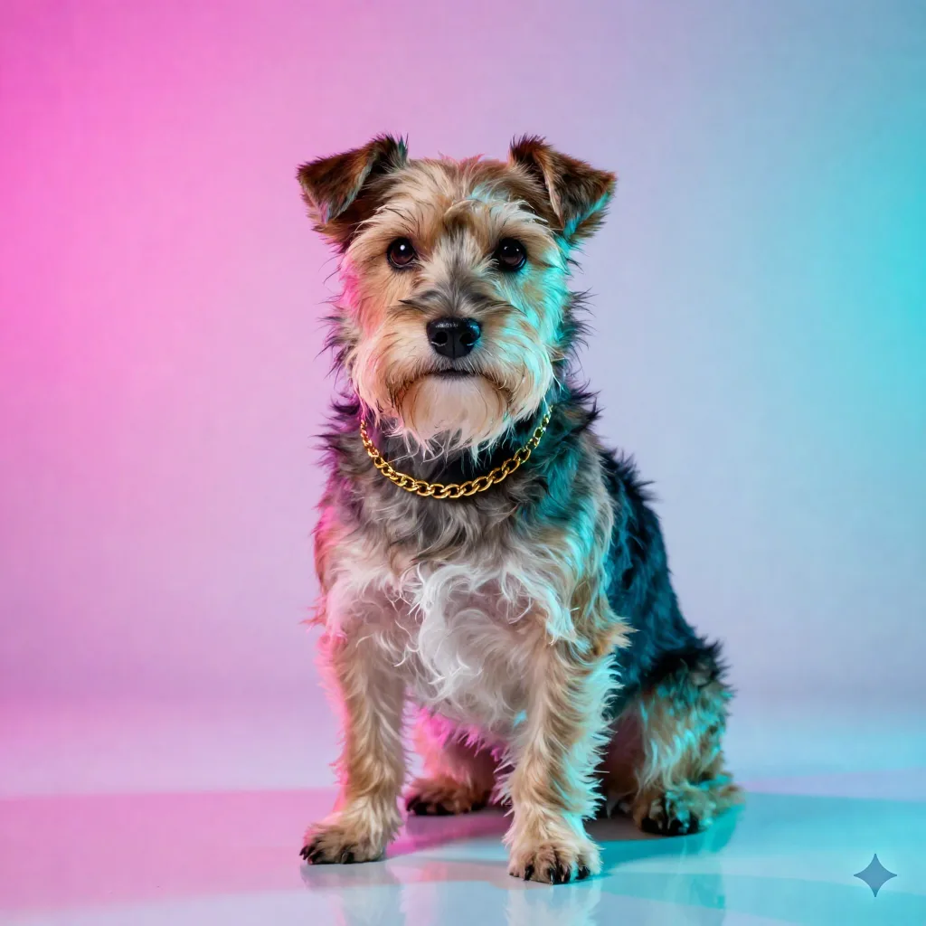 Pembe ve camgöbeği neon ışık yansımaları altında küçük bir altın zincir tasmalı teriyer köpek
