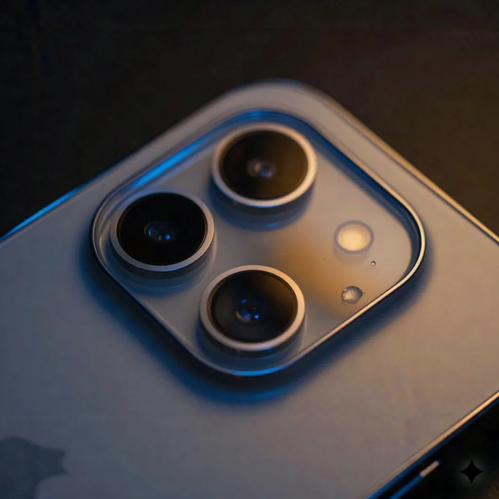 Macro close-up lensa kamera HP dengan lighting biru dan amber yang kontras dramatis