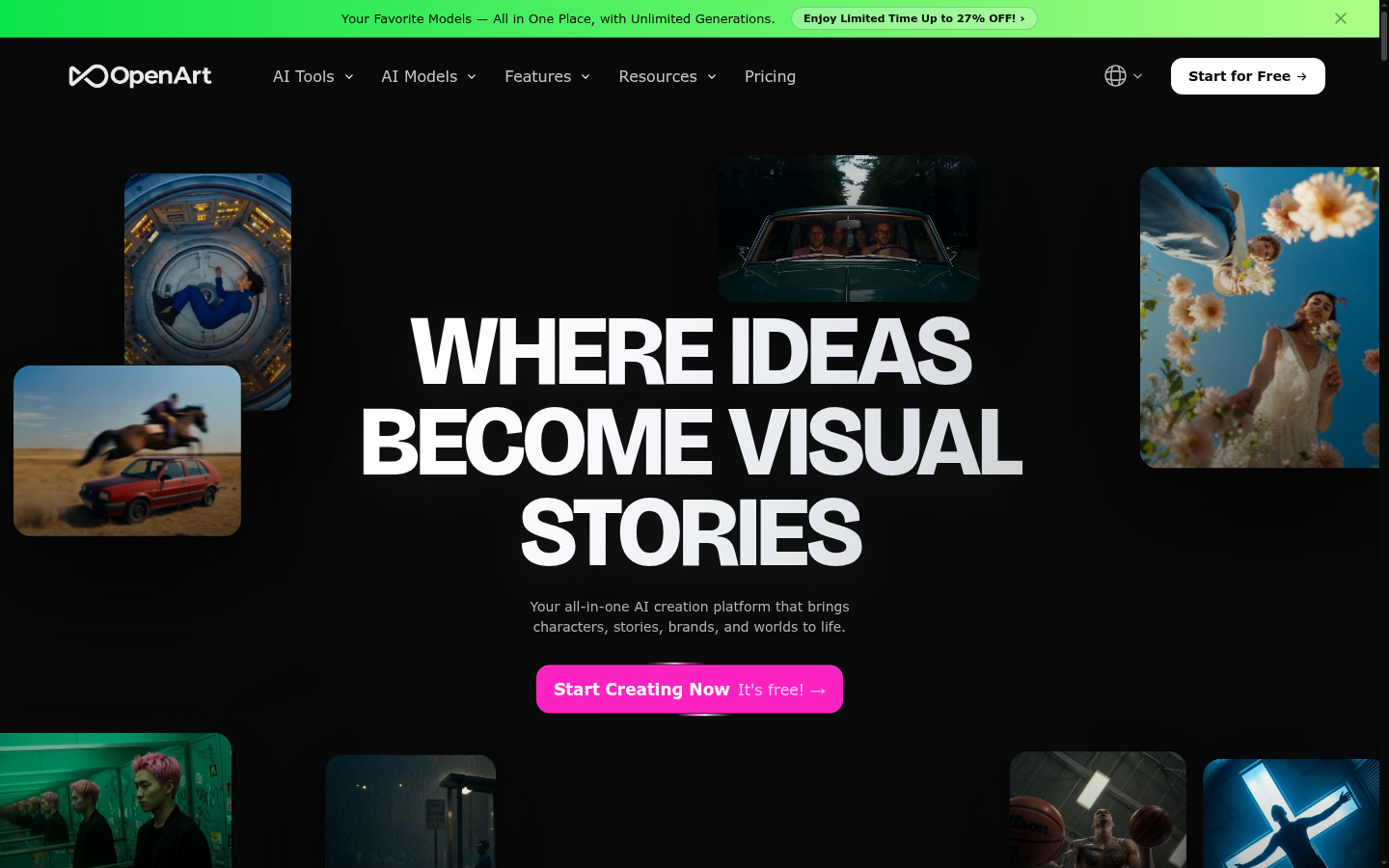 OpenArt AI Startseite, ein KI-Kunstgenerator mit über 100 Modellen für Bild, Video und Audio