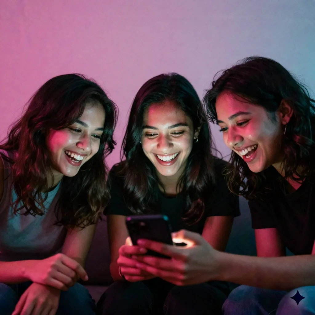 Tiga temen ketawa bareng liat layar HP di ruangan dengan lampu neon