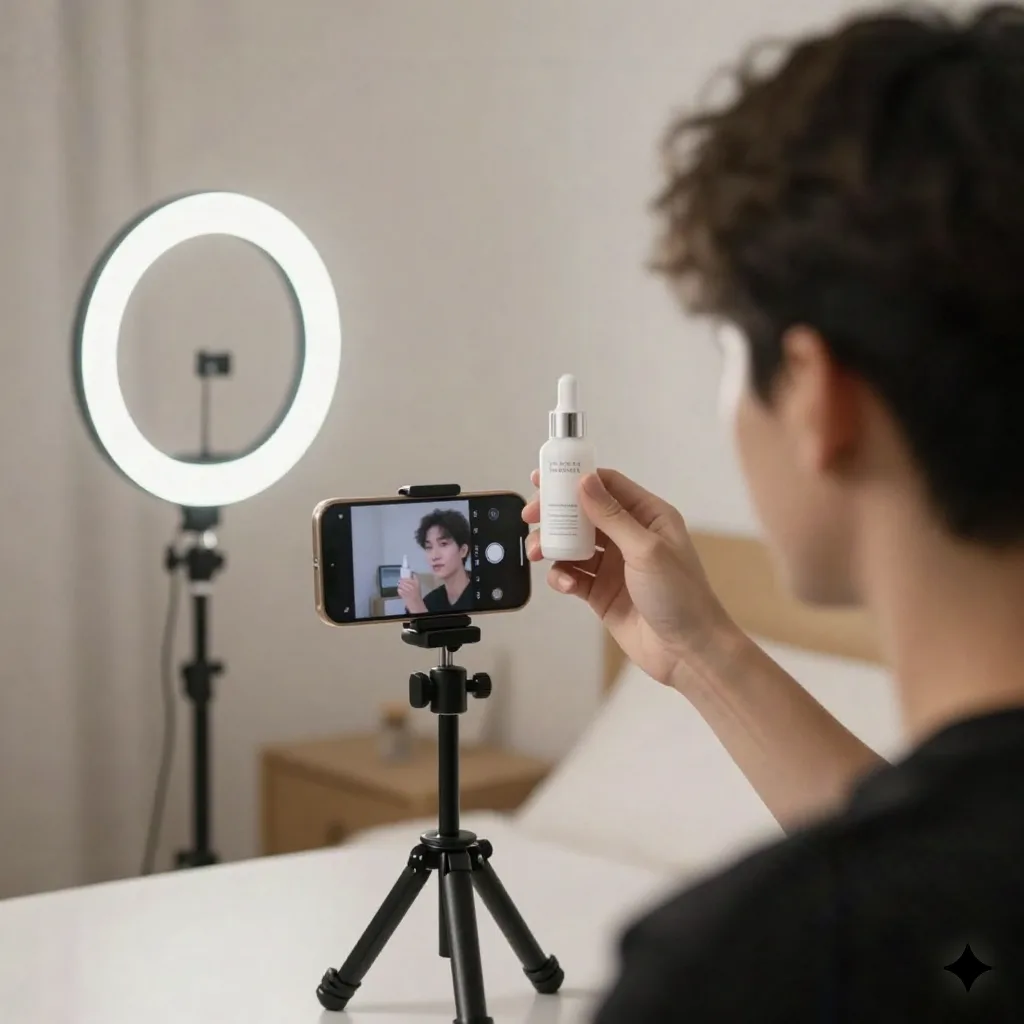 Over-the-shoulder view of someone filming a talking-head video on a tripod-mounted phone, holding a small product bottle
