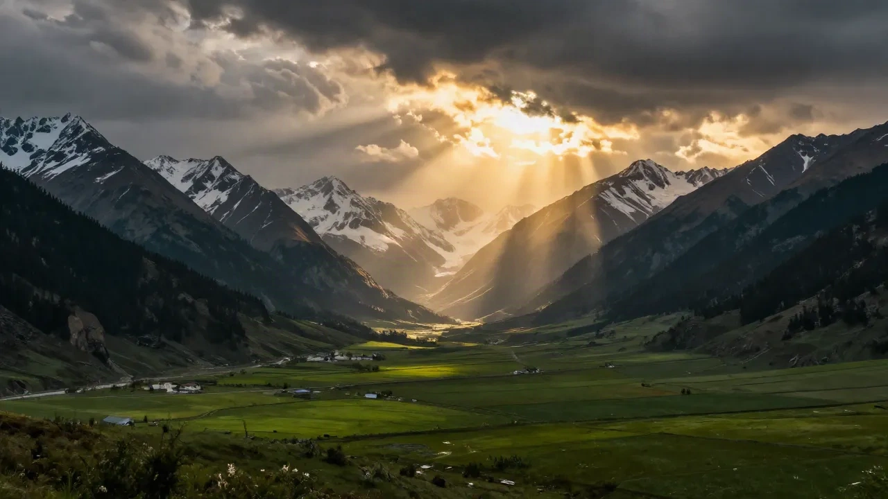 KI-generierte Landschaft – ausgedehnte Bergtal mit goldenem Stundenlicht