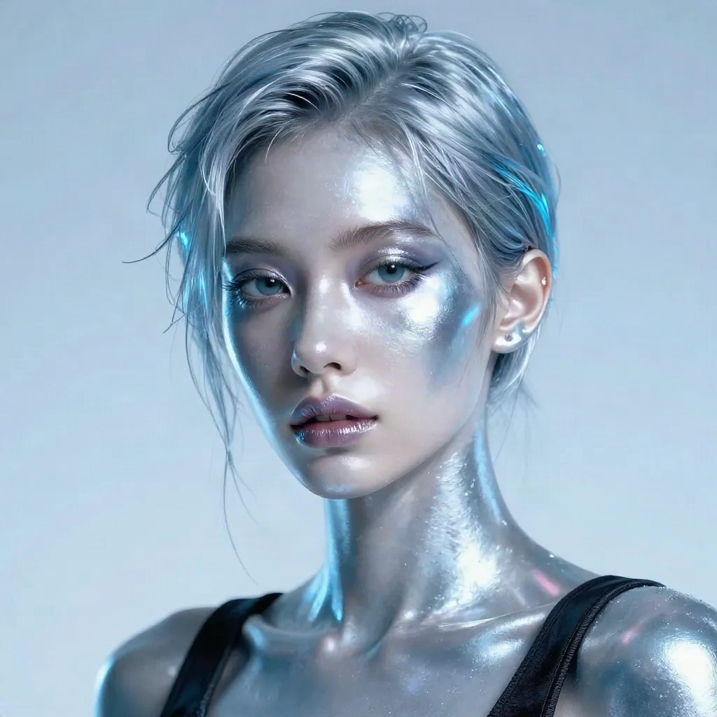 Y2K aesthetic AI portrait with chrome metallic tones, icy blue and silver iridescent highlights in early 2000s style