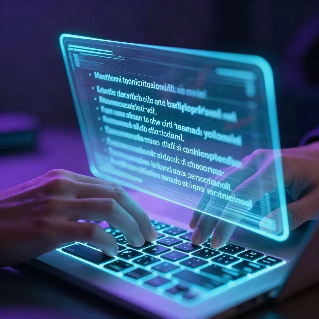 Hands typing a creative prompt on a keyboard with holographic AI art images appearing on screen in neon purple lighting