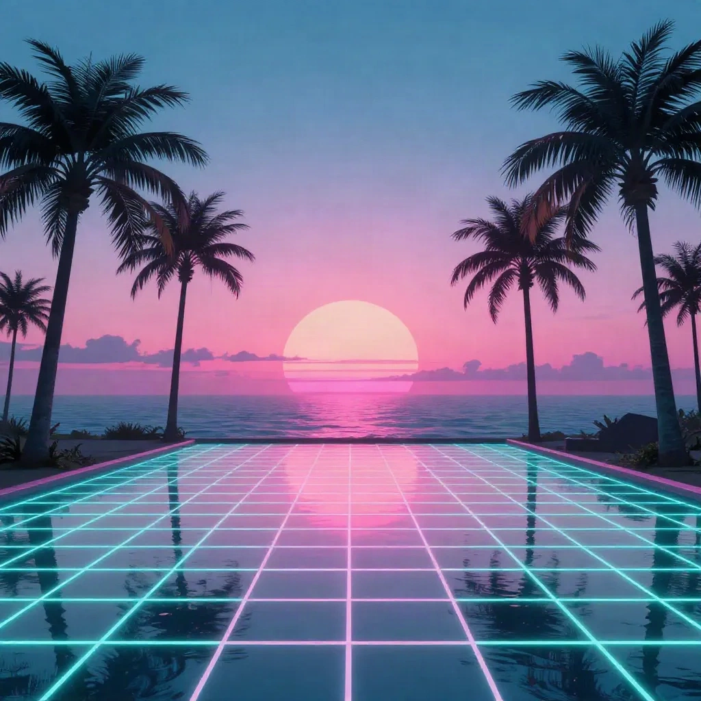 ネオンピンク・グリッド・シンセウェーブ・サンセット、デジタル海の反射、Vaporwave AI生成ランドスケープ