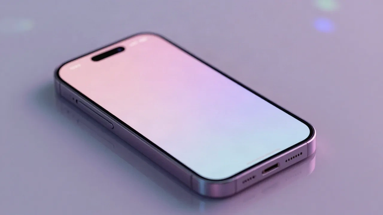 Teléfono brillando con gradiente holográfico pastel suave en una superficie Y2K iridiscente