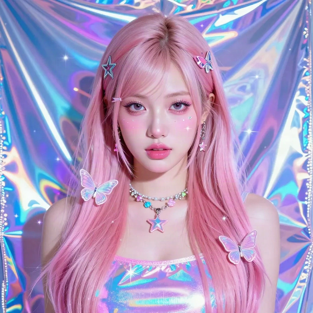Y2K holographic portrait with vaporwave pastel colors, pop princess 2000s aesthetic and butterfly motifs