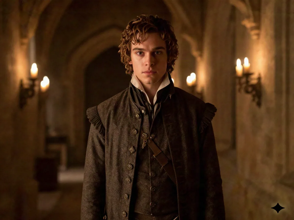 Period drama AI actor scene in a candlelit castle hallway