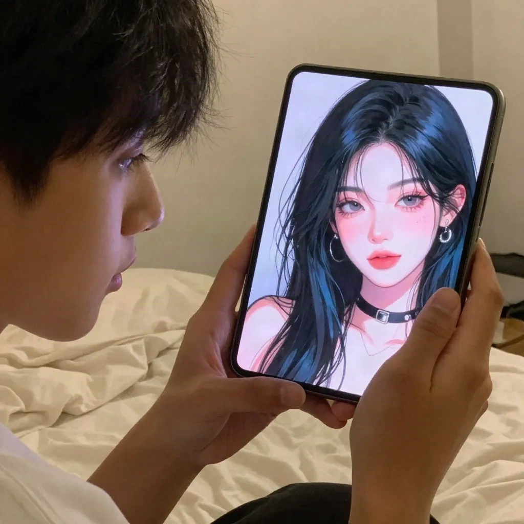 Person comparing their selfie with an AI-generated anime portrait version on a smartphone screen
