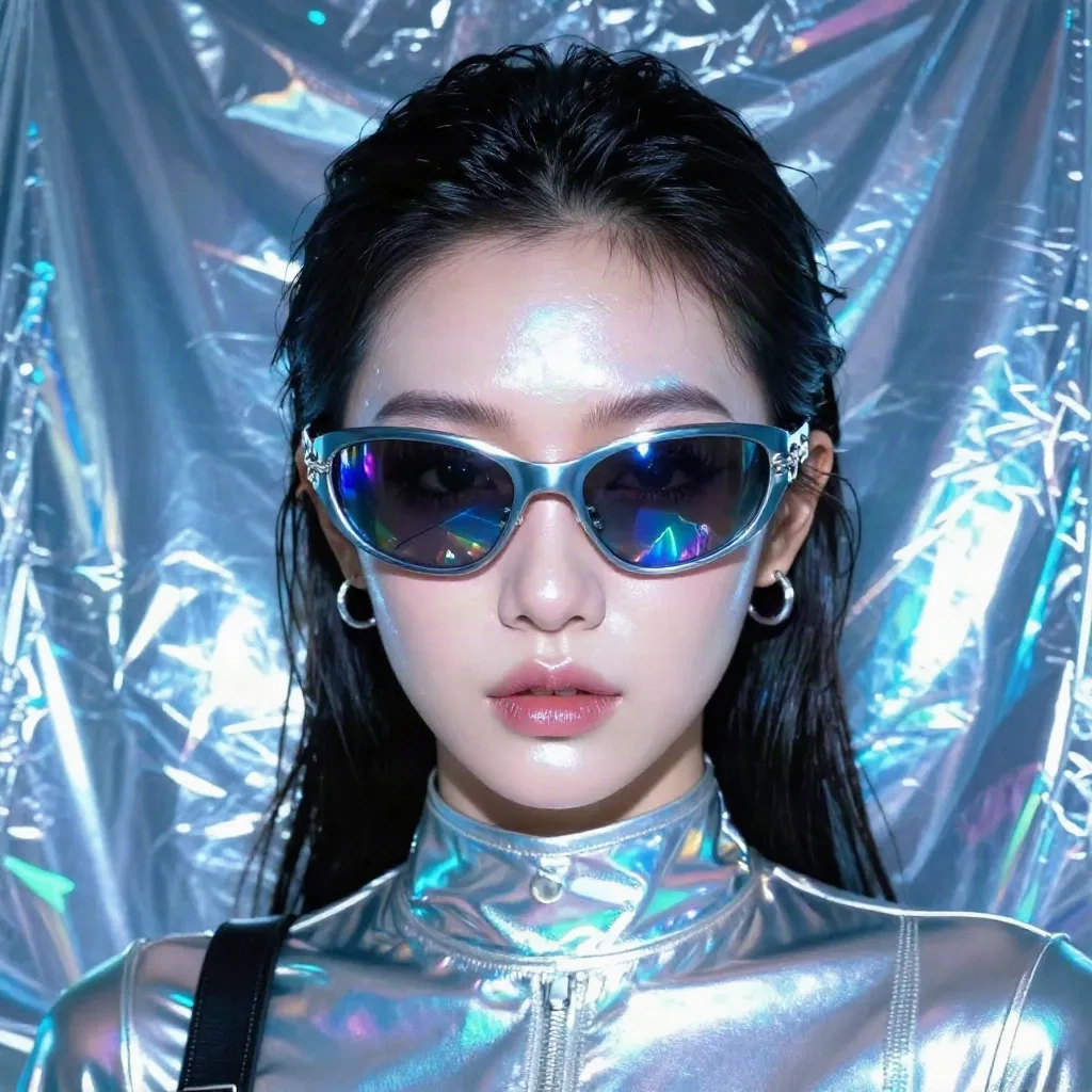 Y2K cyber aesthetic portrait with chrome holographic makeup and mirrored sunglasses, futuristic 2000s selfie