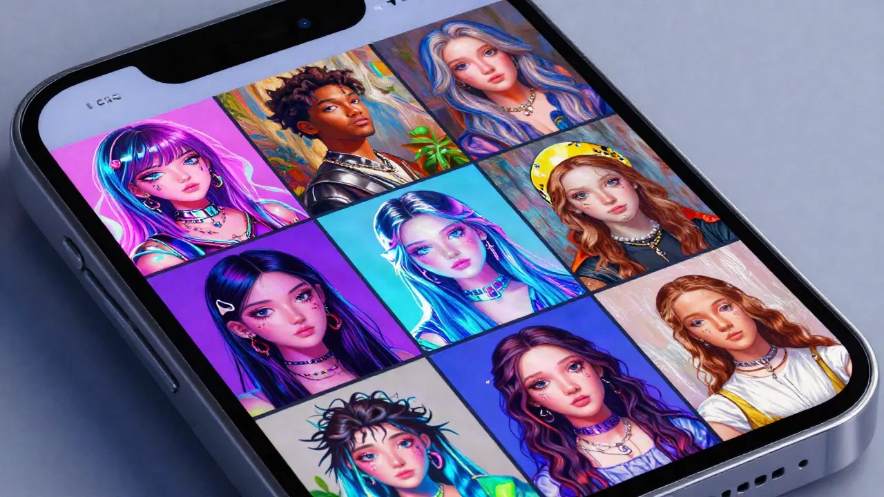 Schermo di smartphone che mostra ritratti generati dall'IA in più stili tra cui anime, pittura a olio, Y2K chrome e Rinascimento
