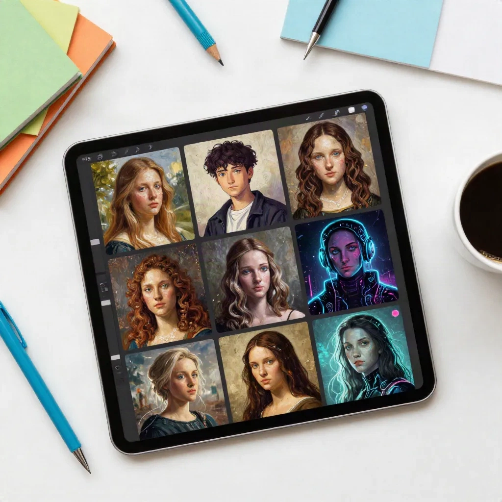 Tablet displaying a gallery of AI-generated portrait artworks in different styles on a flat lay desk setup