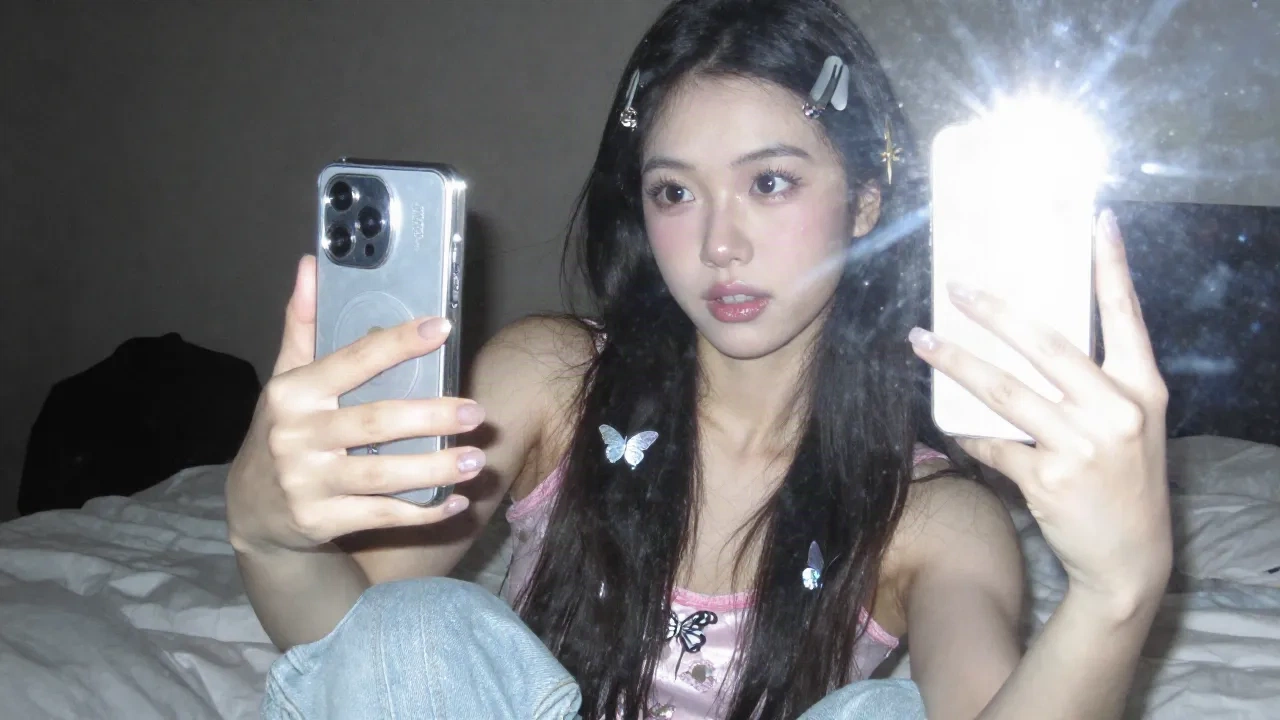 Y2K aesthetic photo: mirror selfie with flash, chrome accents and butterfly clips in early 2000s style