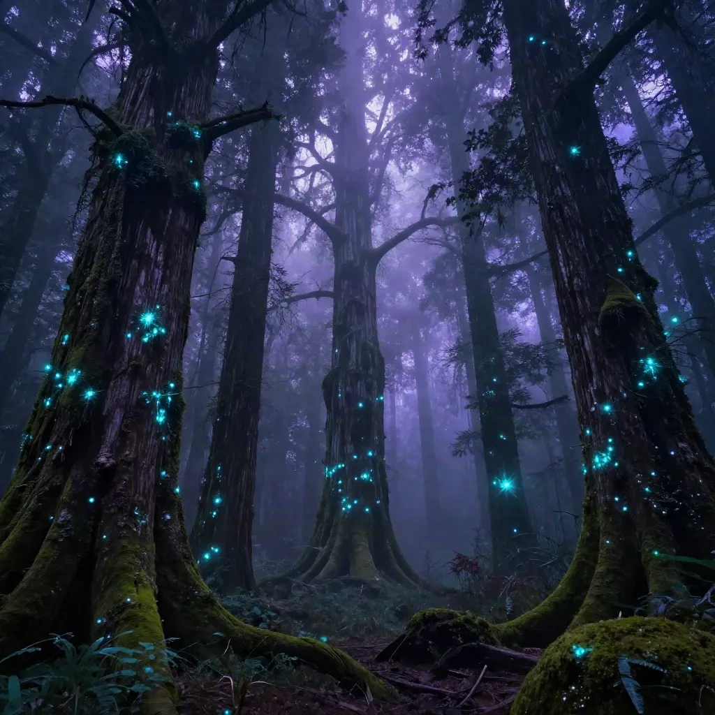 AI生成ランドスケープ - 幽玄な生物発光苔が生える古い雨林、紫色に輝く霧