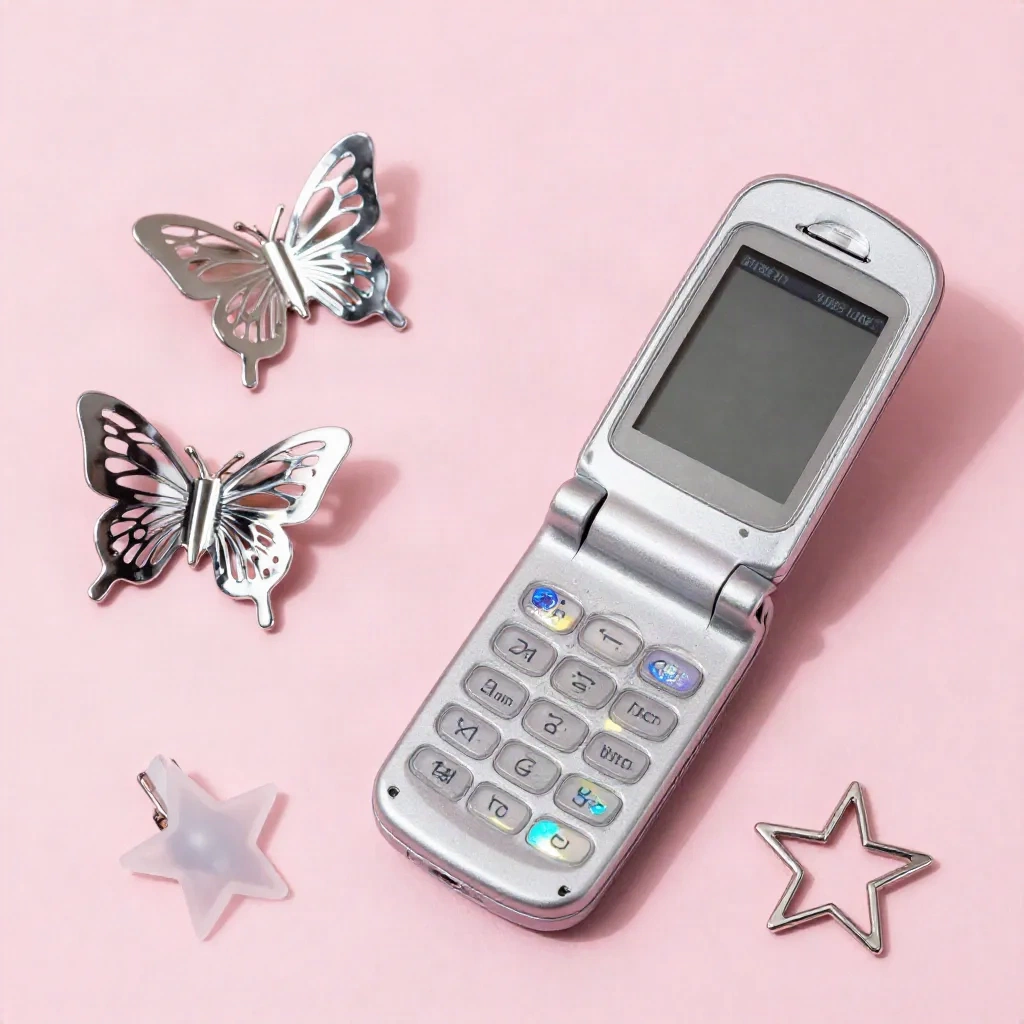 Y2K aesthetic flat-lay with chrome accessories, butterfly clips, flip phone and holographic stickers on baby pink background
