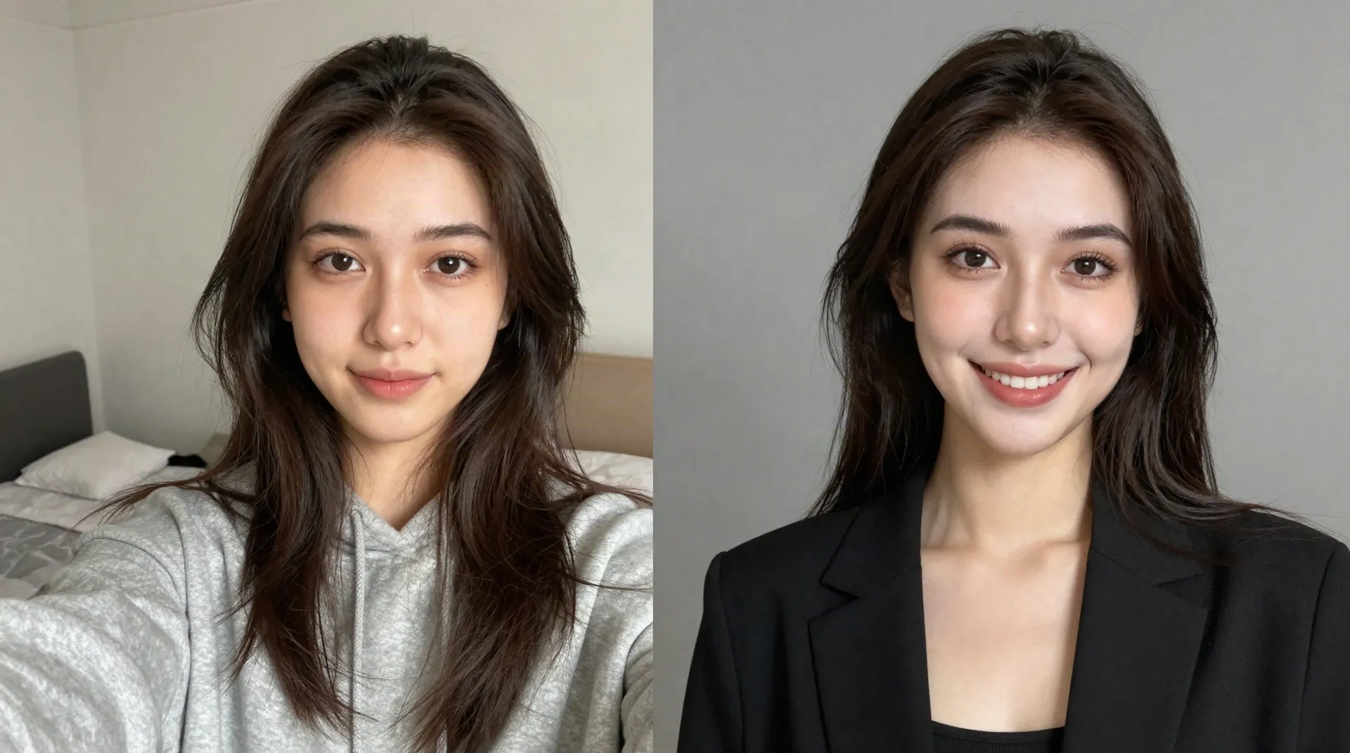 일상적인 셀카와 AI로 생성된 전문 증명사진을 나란히 비교한 이미지
