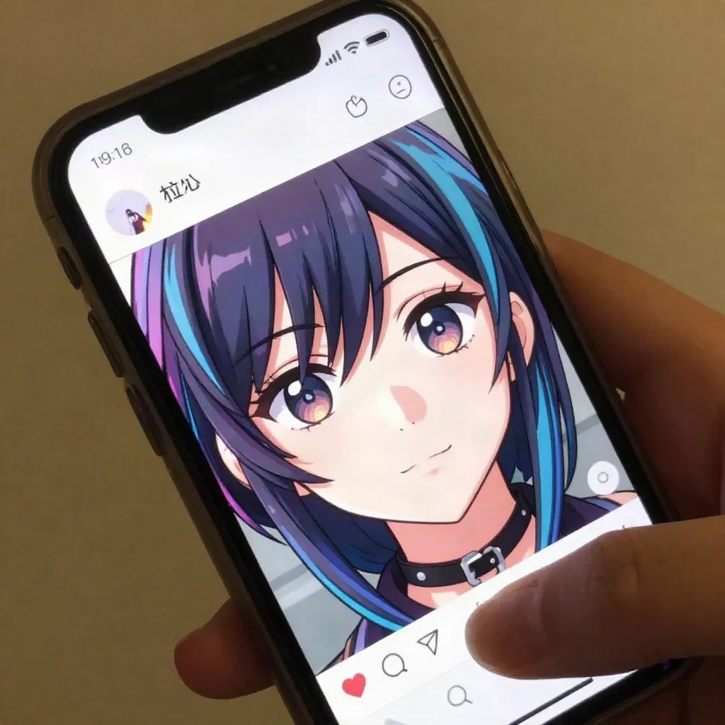 Person holding phone showing anime avatar profile on a social media app