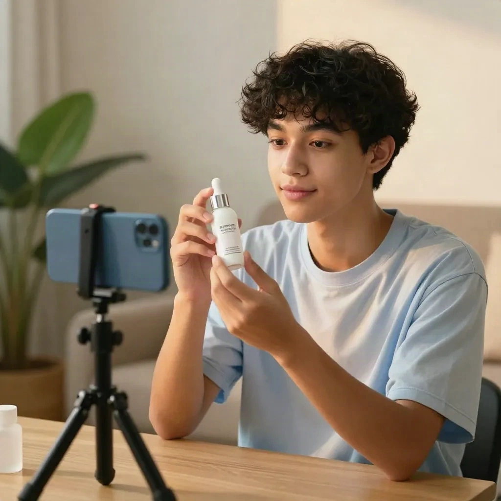 GenZ UGC creator reviewing product on camera with smartphone setup