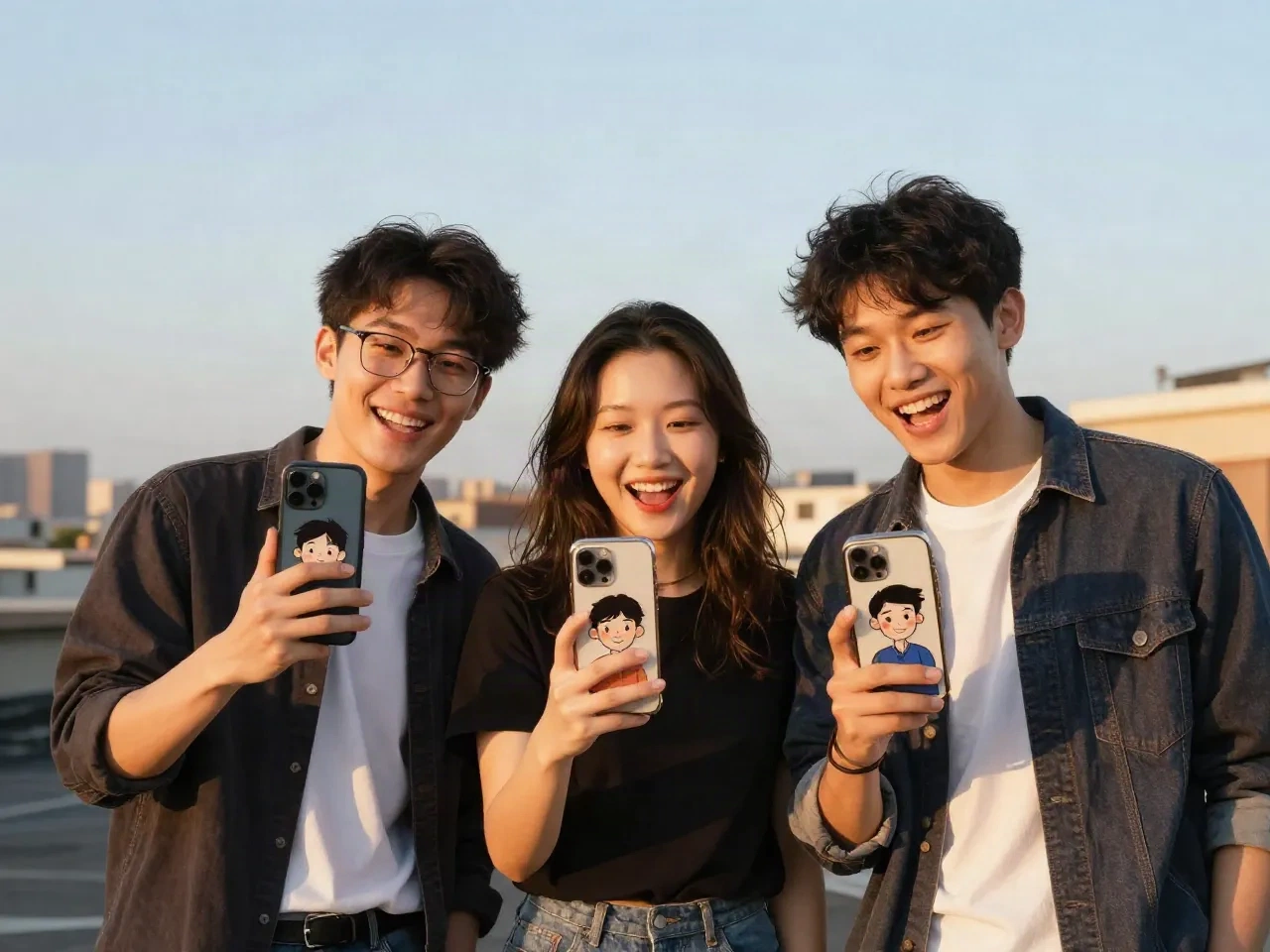 Three friends laughing on a rooftop, each holding a phone with a different cartoon avatar