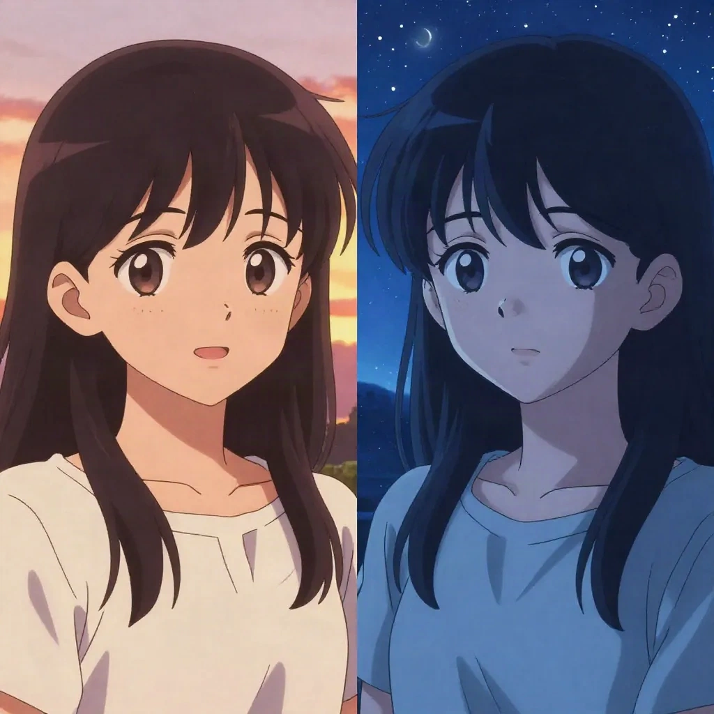 Matching anime profile picture pair, warm sunset and cool moonlight color palettes