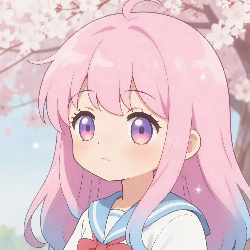 Kawaii anime pfp stili, yumuşak pastel renkler ve simge efektleriyle