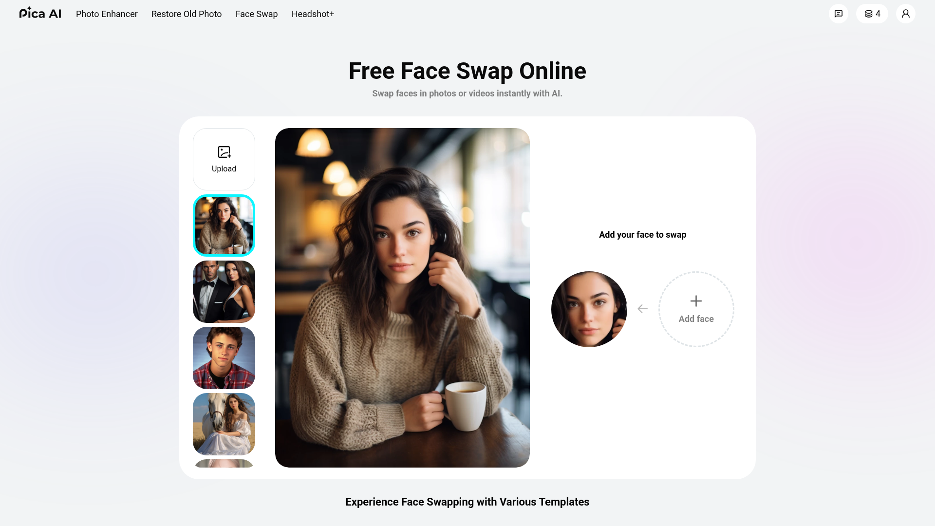 Pica AI のフェイススワップツール、ホームページのスクリーンショット