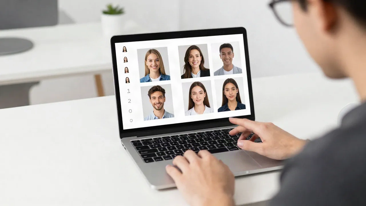ノートパソコンでAIヘッドショットの結果を確認しているプロフェッショナル