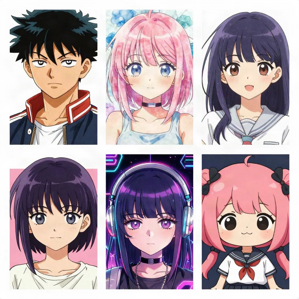 Four anime portrait art styles side by side: shonen bold lines, shojo soft watercolor, cyberpunk neon, chibi kawaii