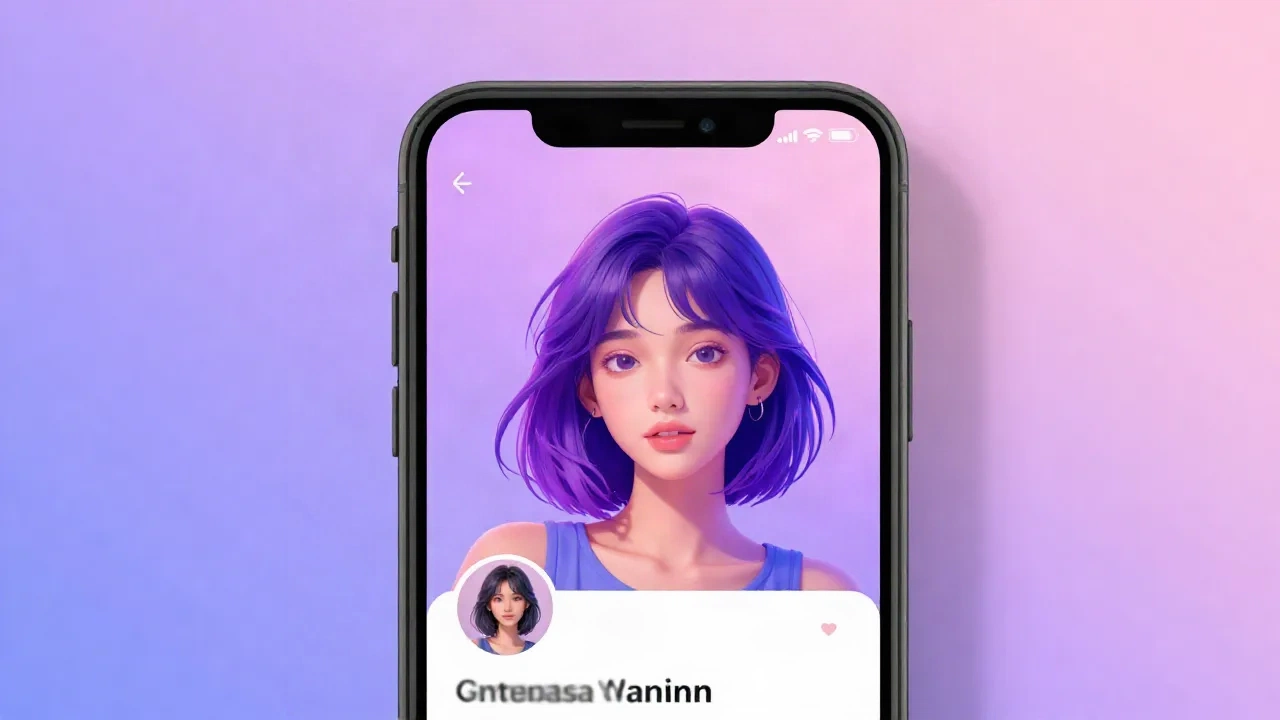 anime profile picture on smartphone social media app with vibrant purple background