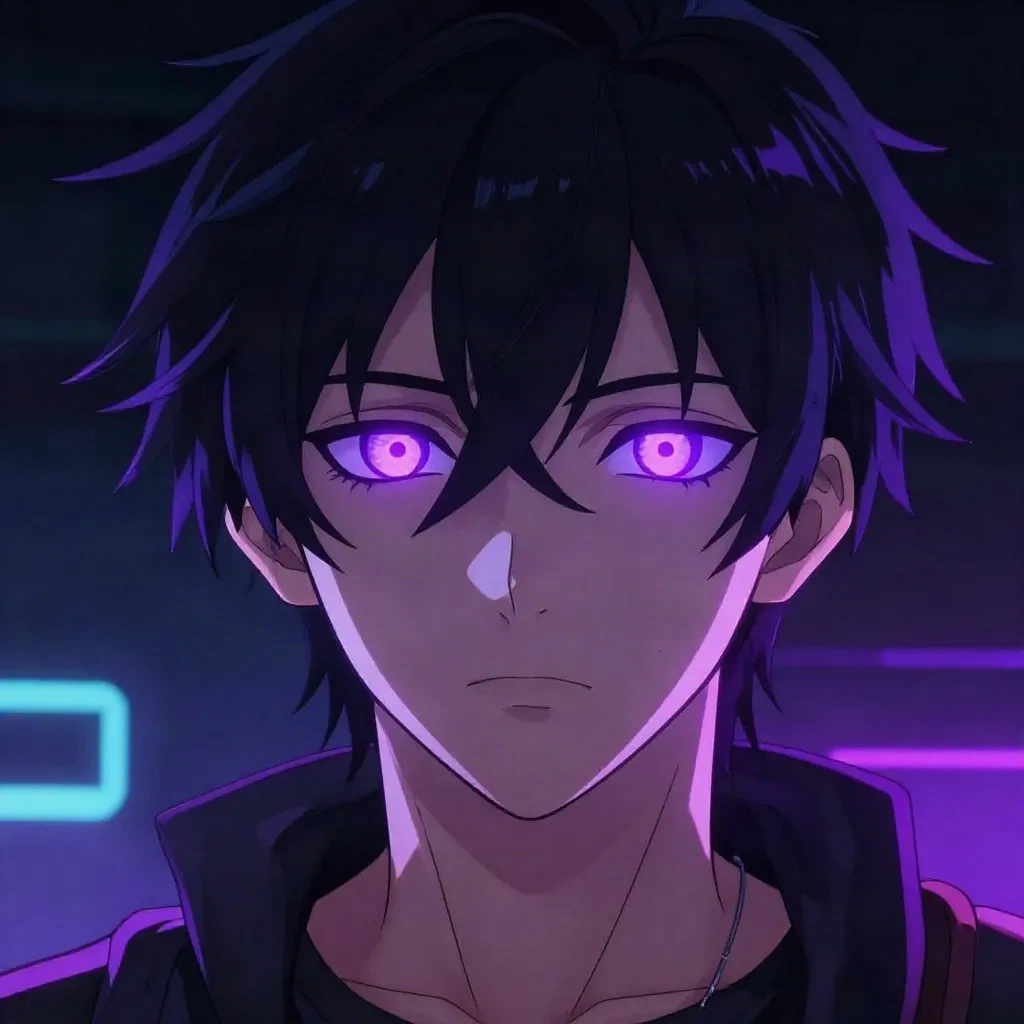 Neon mor estetiğiyle cyberpunk anime profil resmi