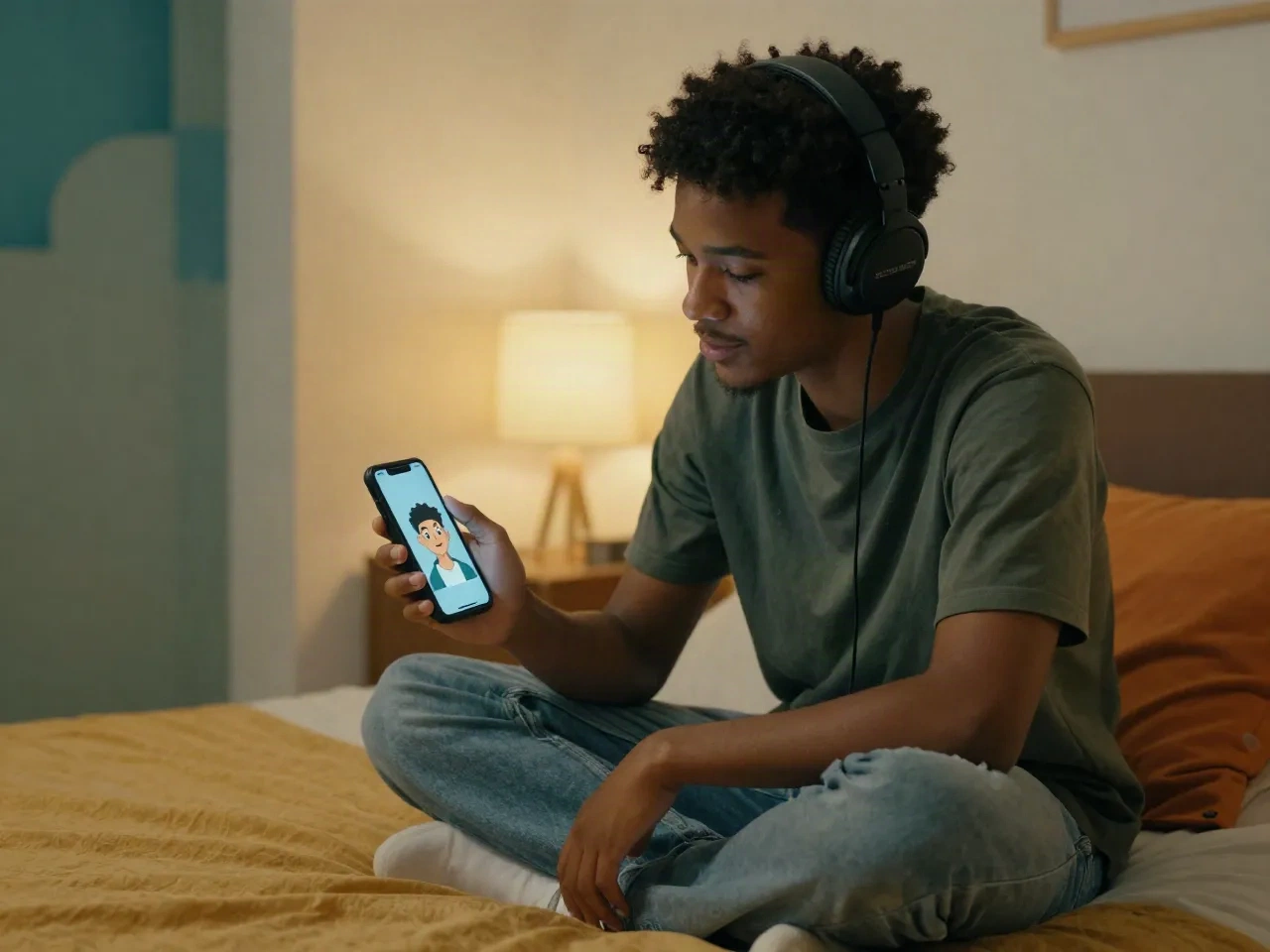 Teenager with headphones on a bed looking at a phone showing a cartoon avatar of himself