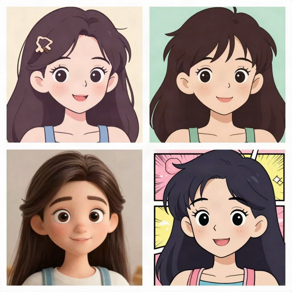 Vier Cartoon-Avatar-Stile: Anime, Ghibli, Disney Pixar 3D und Comic-Stil