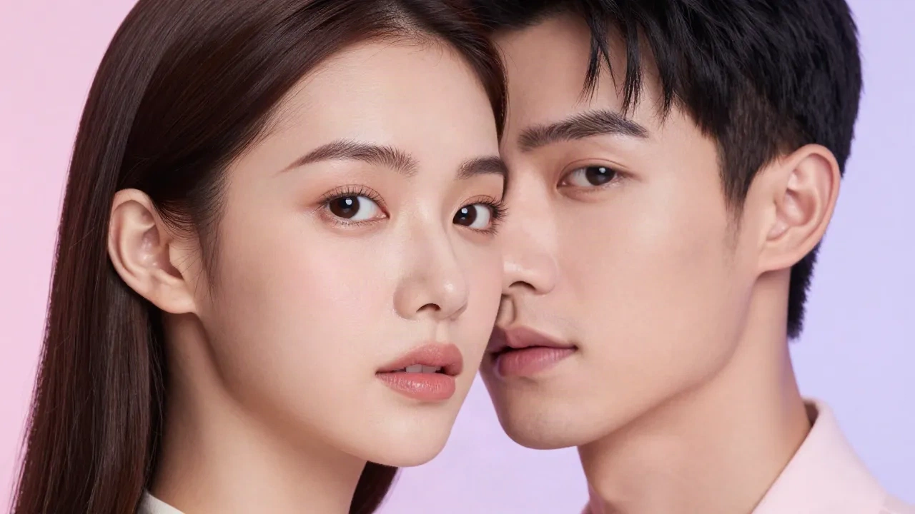 Two faces blending into one in a soft pink studio, the idea behind a face morph