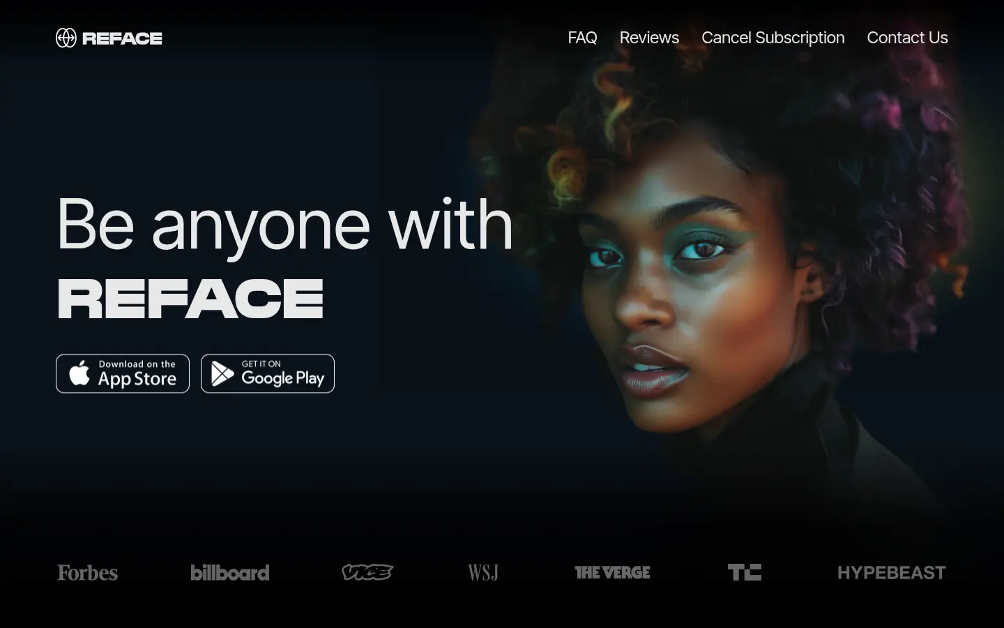 Sito ufficiale di Reface, hero: payoff «Be anyone with Reface», con i pulsanti App Store e Google Play