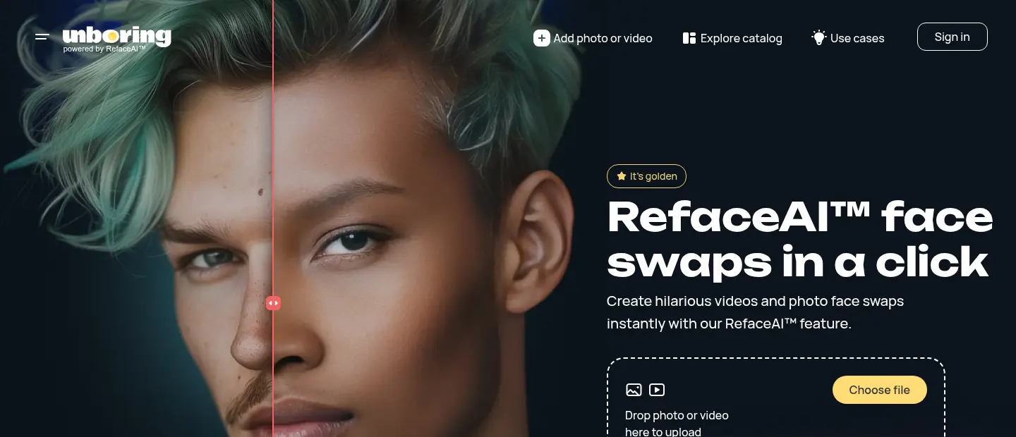 Reface web face swap tool with before and after slider and upload box