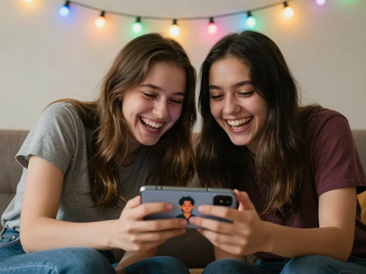Two friends laughing together over a phone showing a cartoon-style portrait