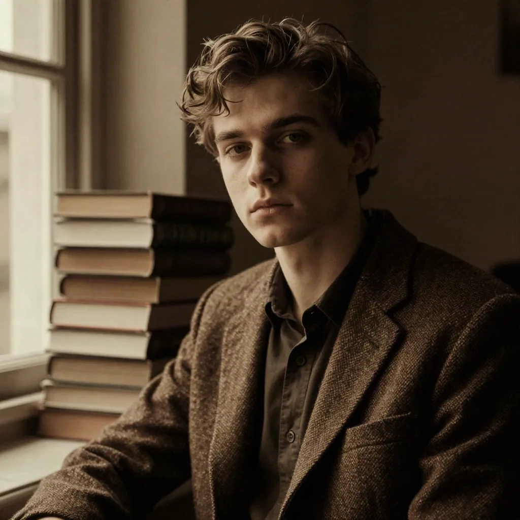 Sepia-Dark-Academia-Porträt eines jungen Mannes in Tweed-Jacke neben einem Bücherstapel bei einem Fenster
