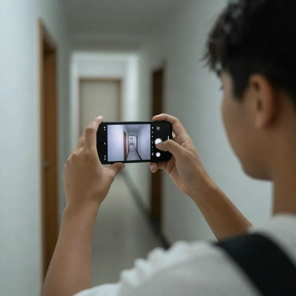 Teenager hält das Handy etwas über Augenhöhe auf Armlänge für ein Selfie