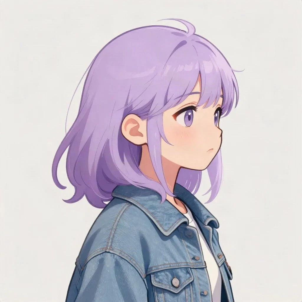 Ritratto illustrato in stile anime di una ragazza con i capelli lavanda