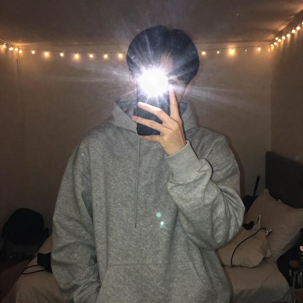 Mirror selfie in a hoodie with the phone flash bursting in front of the face, fairy lights behind