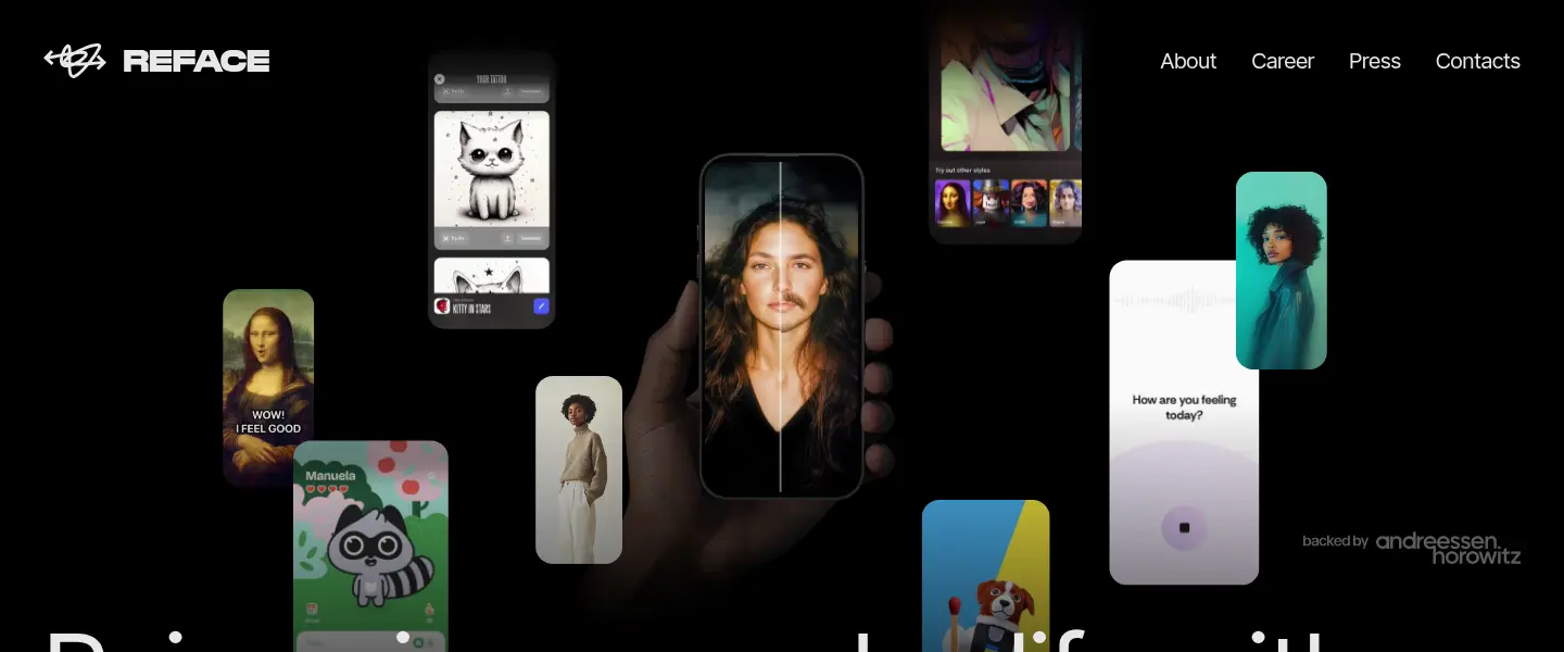 Reface.ai homepage showing the family of apps on phone mockups