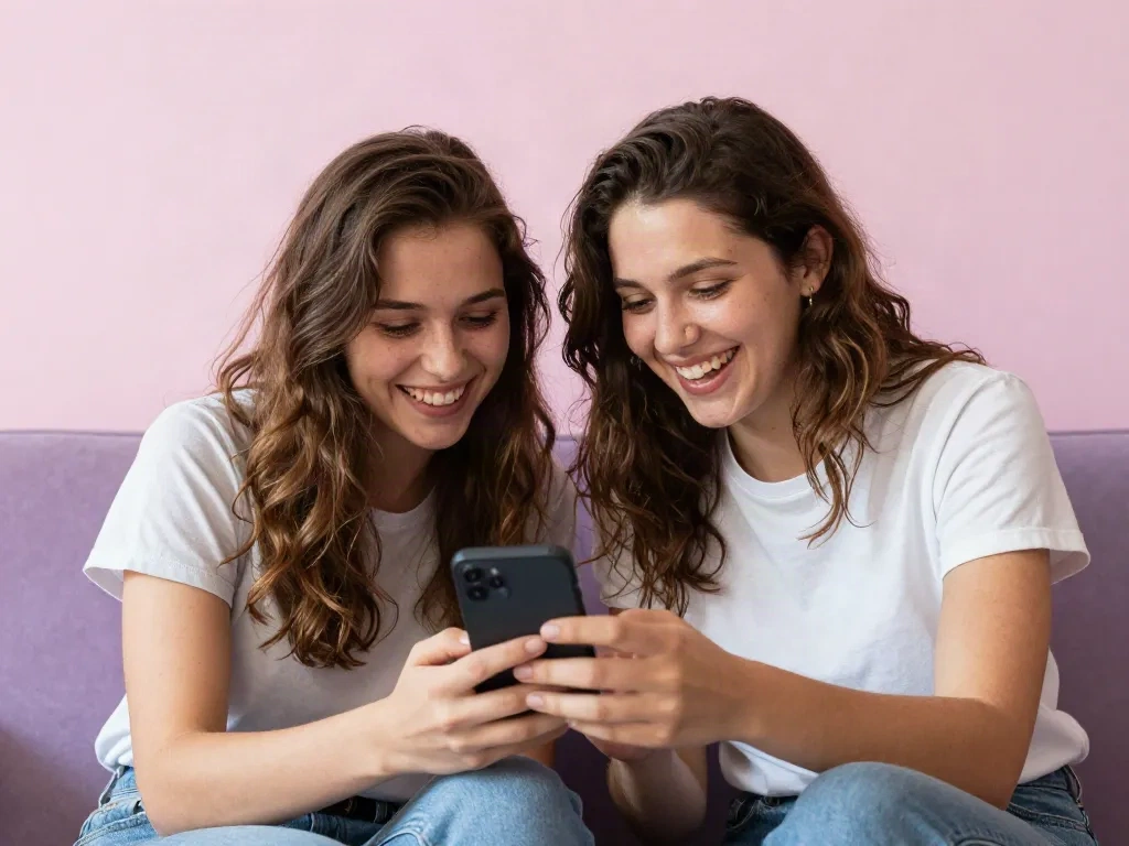 Two friends laughing at a phone together, the kind of pair that makes a good face morph
