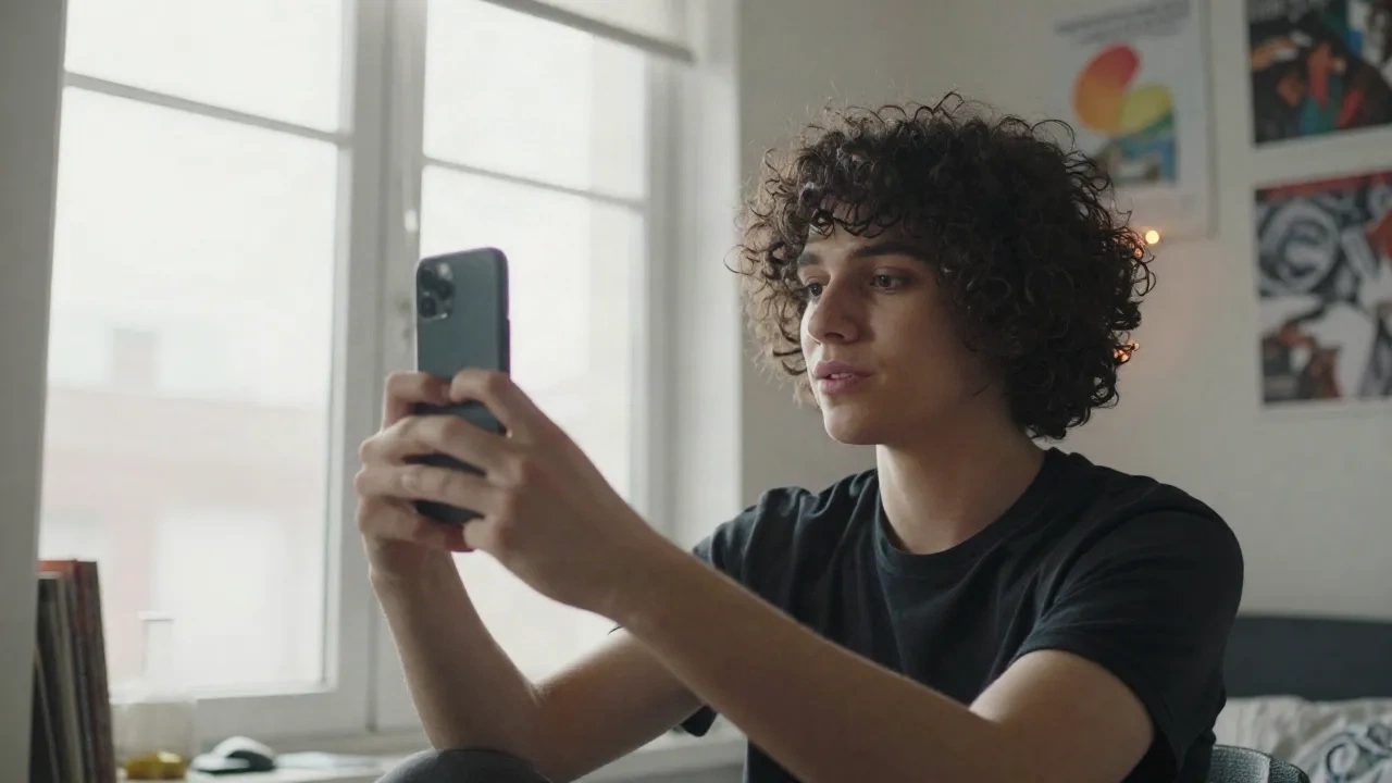 Junge Person macht ein Selfie neben einem hellen Fenster mit weichem Tageslicht