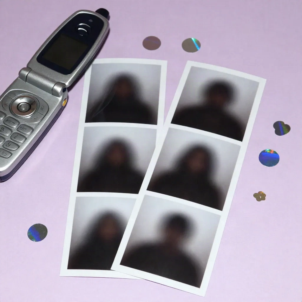 Photo booth strips with blurred silhouettes next to an old flip phone and holographic stickers on lilac