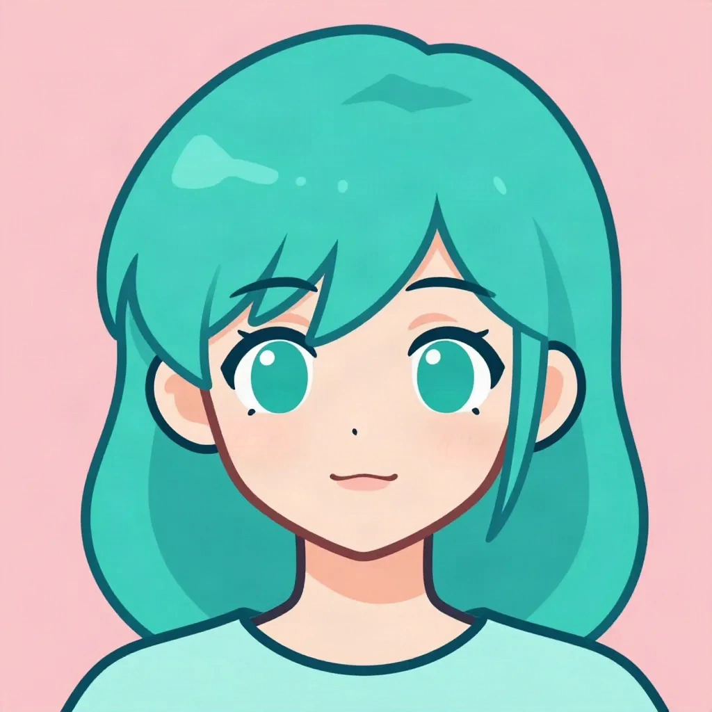 Flache cel-shaded Anime-Avatar mit grünem Haar und fetten Outlines auf rosa Hintergrund
