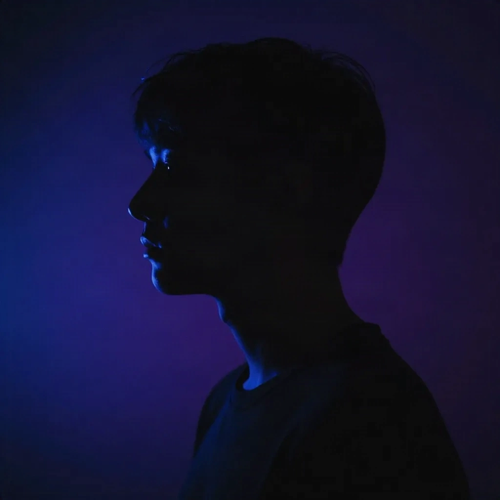 Silhouette di foto profilo contro una luce neon blu e magenta