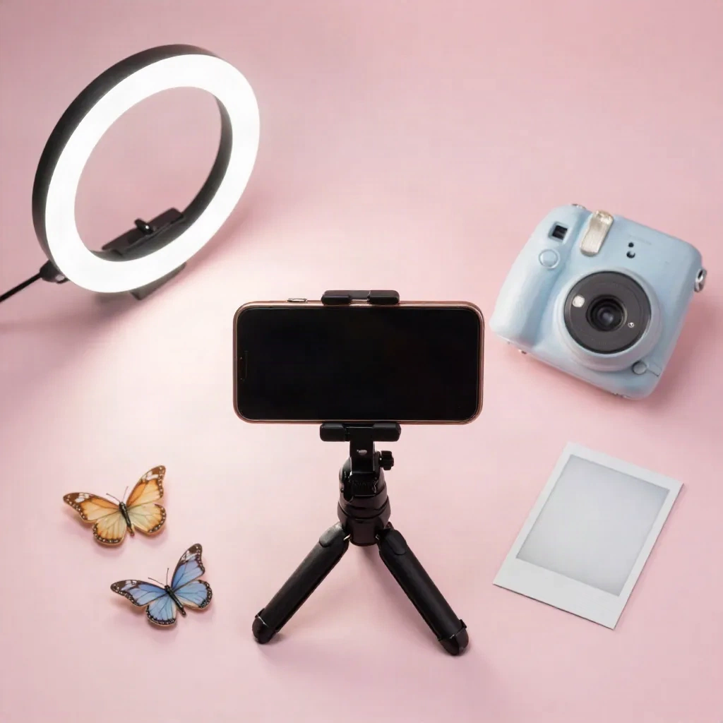 Selfie setup flat-lay with phone on a mini tripod, ring light, instant camera and butterfly accessories on pink