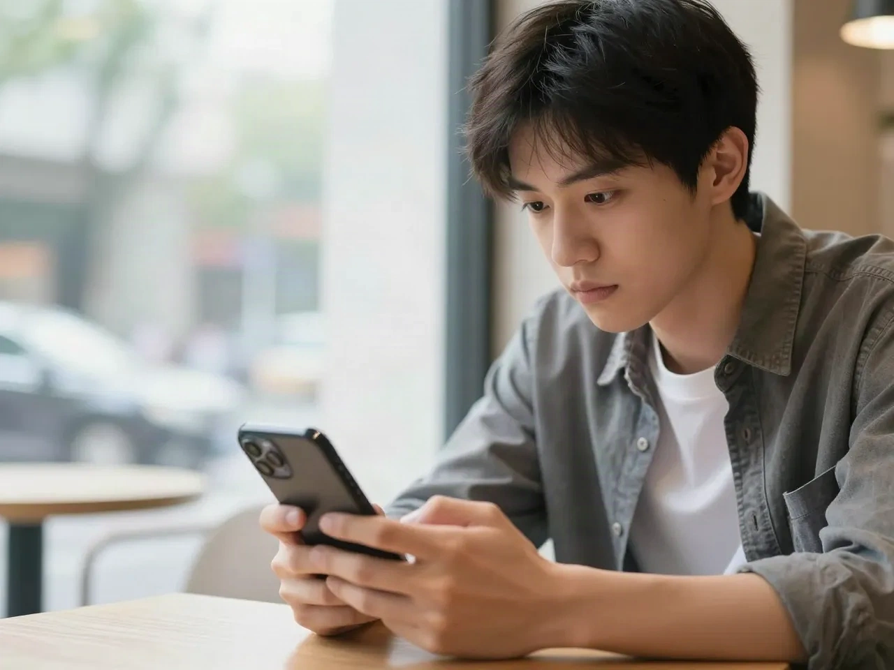 Young man in a cafe looking closely at a stylized portrait on his phone